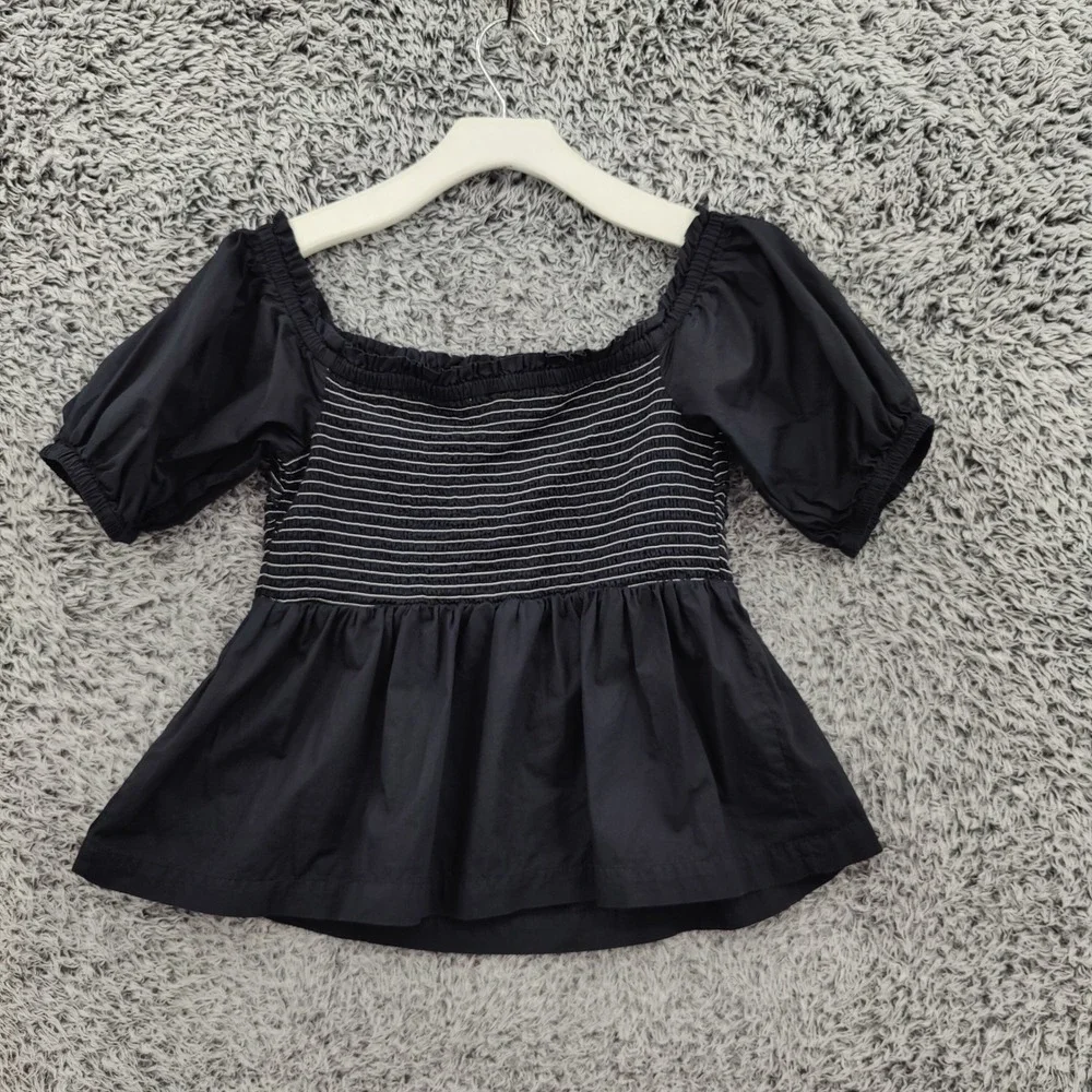 Old Navy Womens Cottagecore Peasant Smocked Puff Sleeve Peplum Top L Black